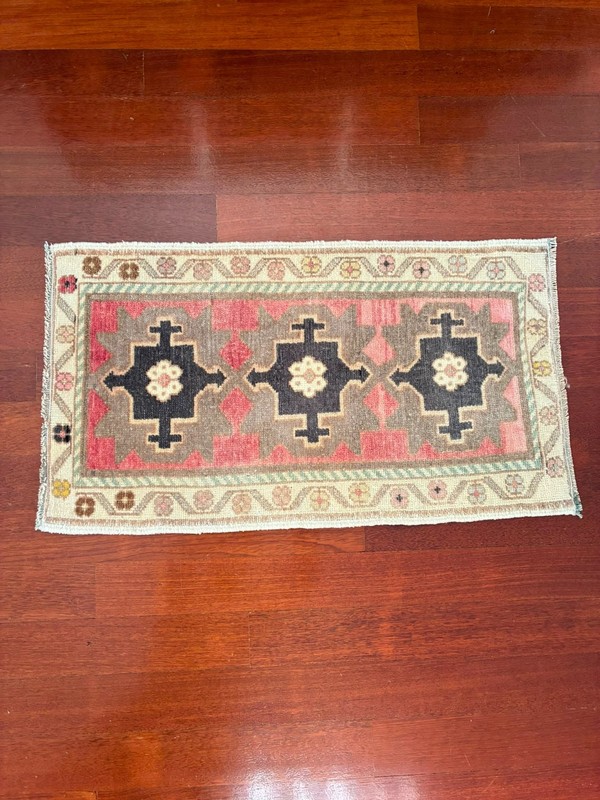 Triple Medallion 2x3 Pink Charcoal Wool Hand Knotted Vintage Turkish Rug Mat gallery
