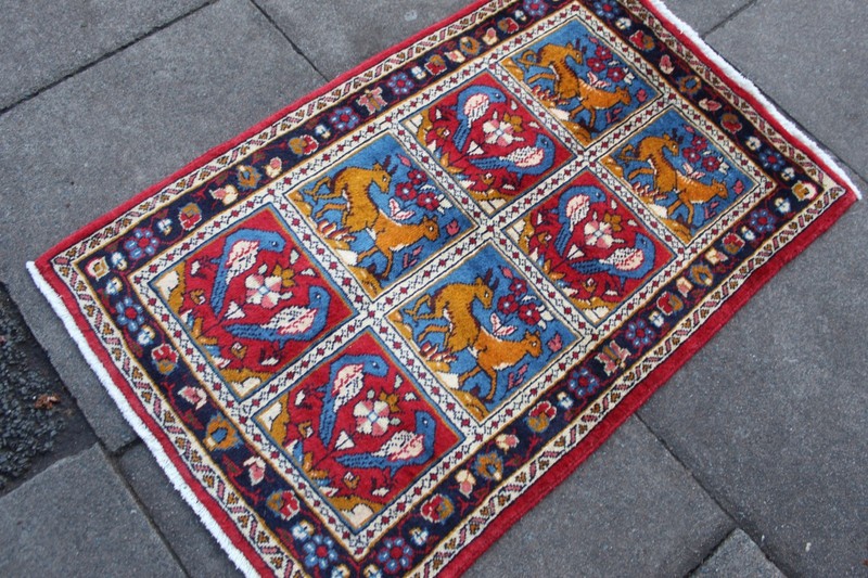 Vintage Hand Made Traditional Oriental Wool Red Blue Small Rug 110x73cm Animal gallery