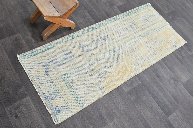 Vintage Turkish Runner Rug 2x5ft Wool Anatolian Handmade Hallway Oushak BEIGE gallery