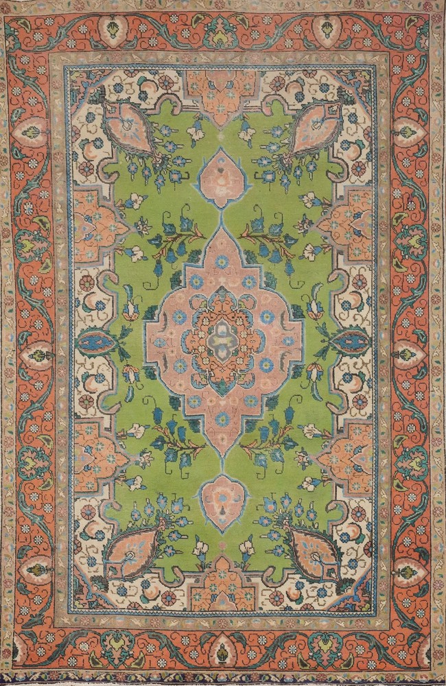 Traditional Style Green/ Orange Wool Area Rug 6x10 ft Handmade Over-dyed Carpet