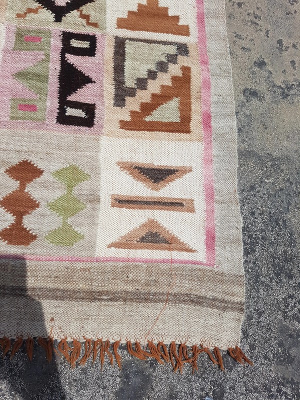 Distressed Vintage Peruvian Ayacucho Inca Calendar Hand Loom Tapestry 4.9x3.4 ft gallery