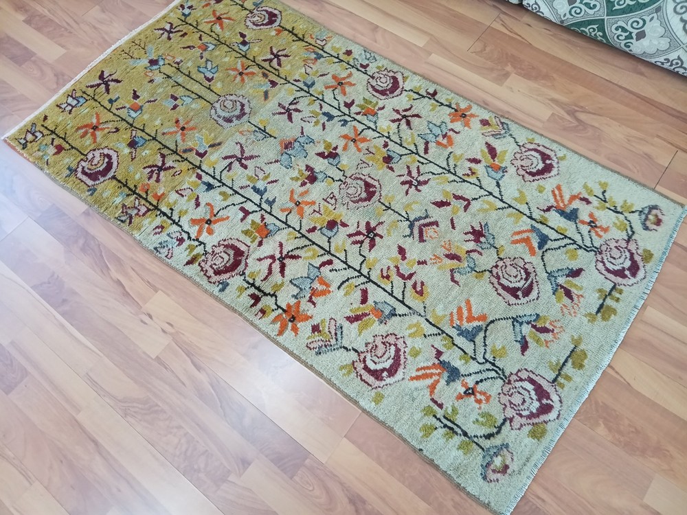 Yellow Beige Antique Rug, handmade Garden of Paradise Tree of Life Rug Carpet A