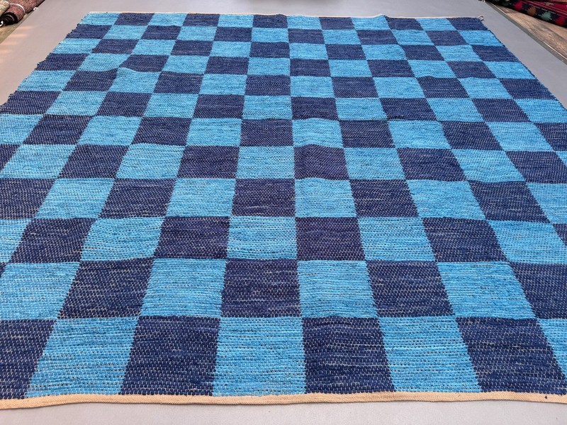 Vintage Swedish style Rug 315x330 cm Square, Checkerboard Chindi Rug, Schackruta gallery