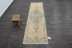 Vintage Turkish Runner Rug 2x8ft Wool Anatolian Handmade Hallway Oushak BEIGE
