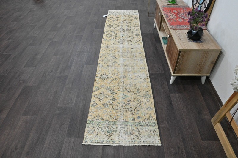 Vintage Turkish Runner Rug 2x9ft YELLOW Handmade Anatolian Oushak Hallway Wool gallery