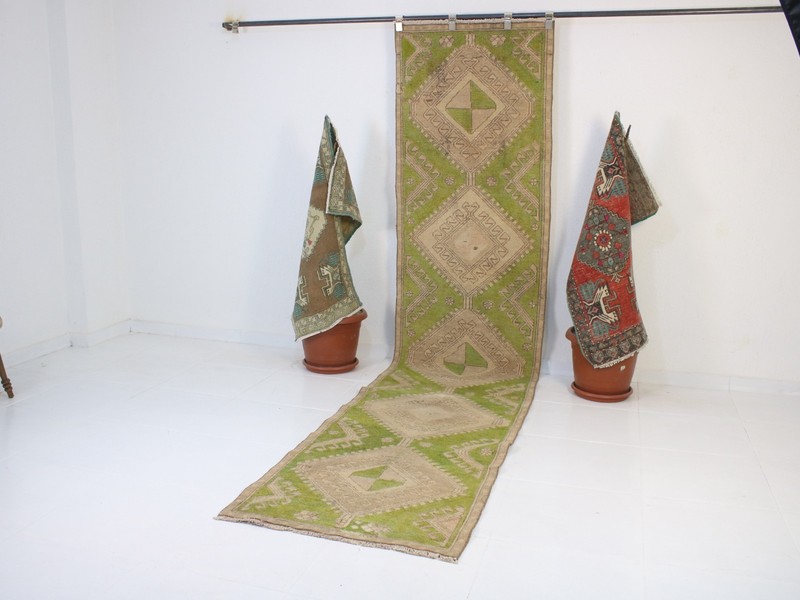 Vintage Turkish Heriz Runner 2.6x11.8 ft Green Beige Wool gallery