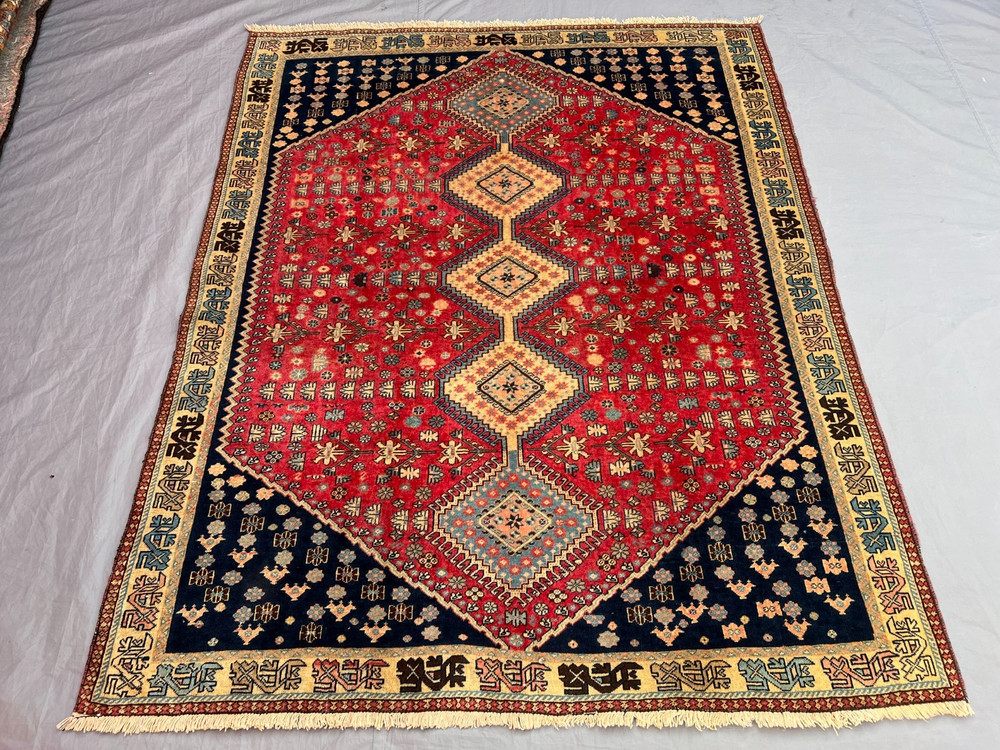 5x6'3 Ft Vintage Caucasian Handwoven Wool Geometric Floral Medallion Rug