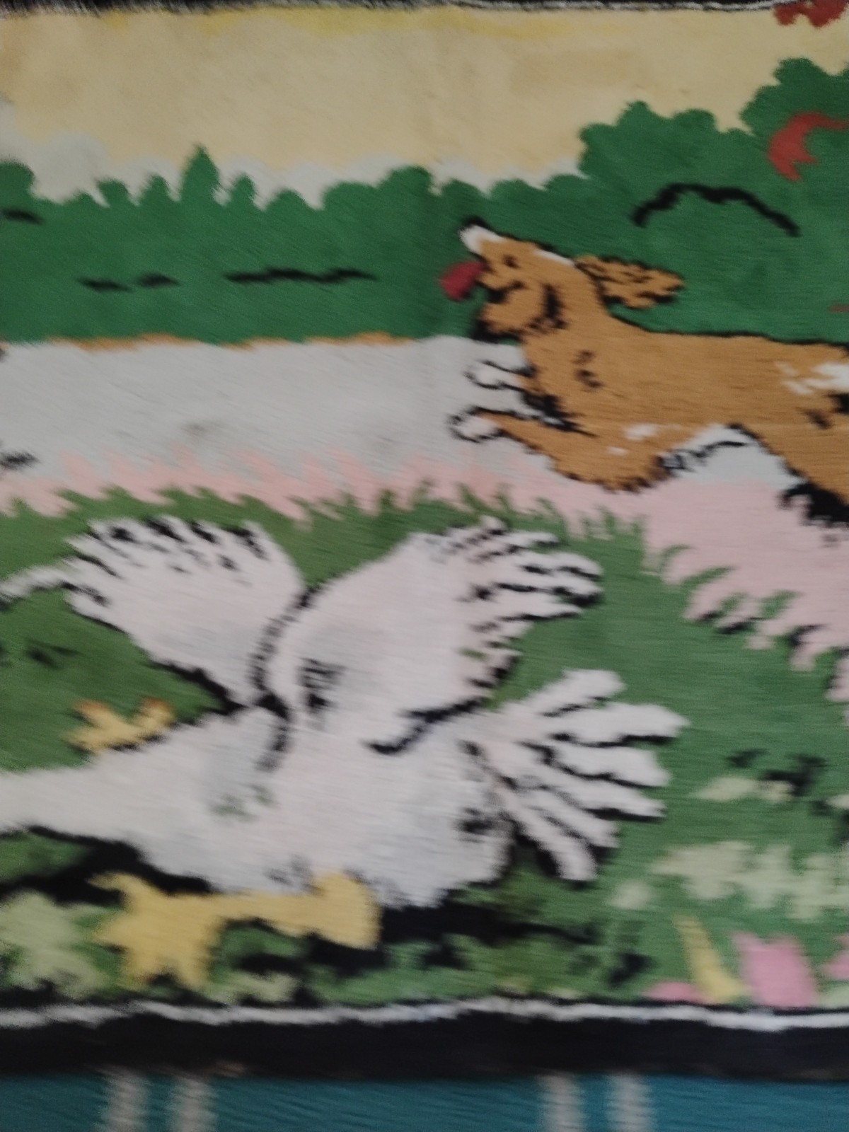 Vintage Tapestry Rug ( Boy, dog duck outdoor scene) 21 X 36 gallery