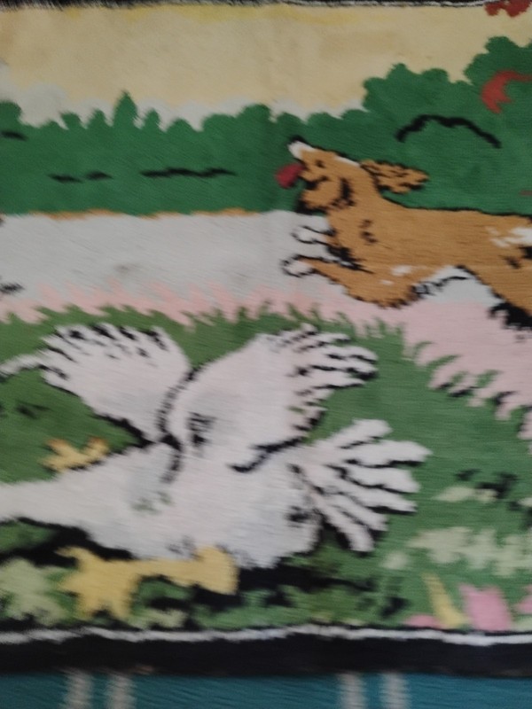 Vintage Tapestry Rug ( Boy, dog duck outdoor scene) 21 X 36 gallery