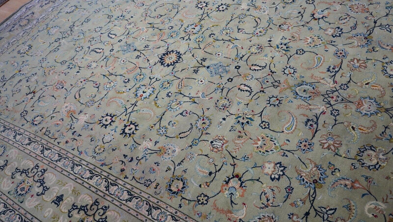 Antique Kashann Signed Birds Hand Knotted Pistachios Green Wool Rug 9'7" x 13'5" gallery