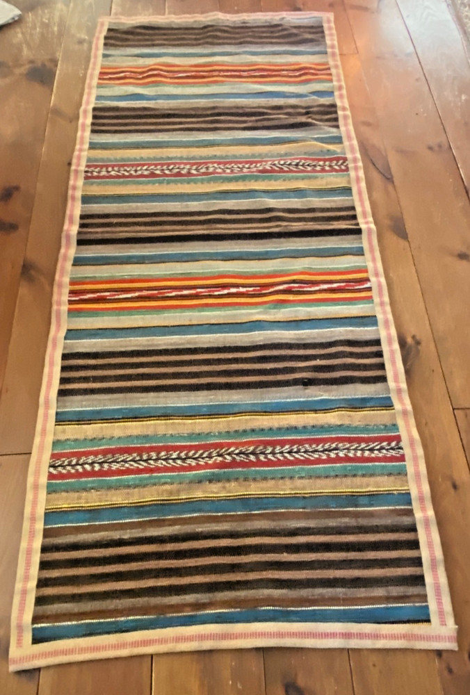 Vtg Turkish Amish Swedish Hand Made Rag Rug Striped Runner Nomad Bohemian 90X37