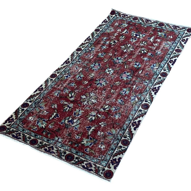Handmade Red Vintage Oushak Carpet: 3.1x6.6 ft Turkish Floral Pattern Rug gallery