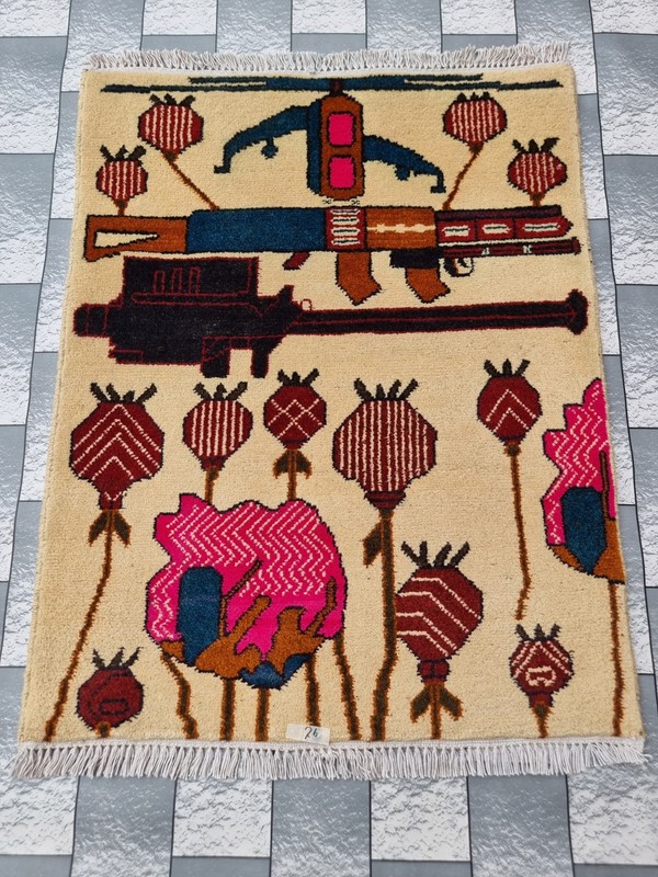Afghan Hand Opium Flower War Rug Tribal Wool With Knotted Wall Hanging Rug gallery