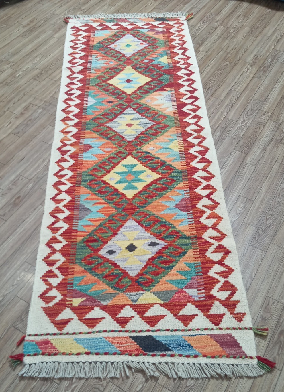 Handmade Afghan Kilim Chubi Runner Rug | Geometric Pattern | 6.1 x 2.1 ft gallery