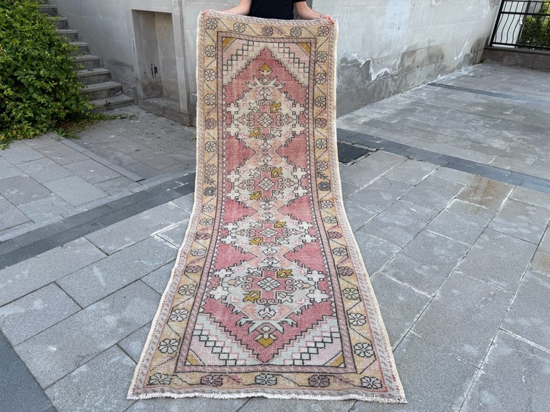 Vintage Turkish Oushak Runner Rug 3.5x9.8 Ft Pink Hall Carpet gallery