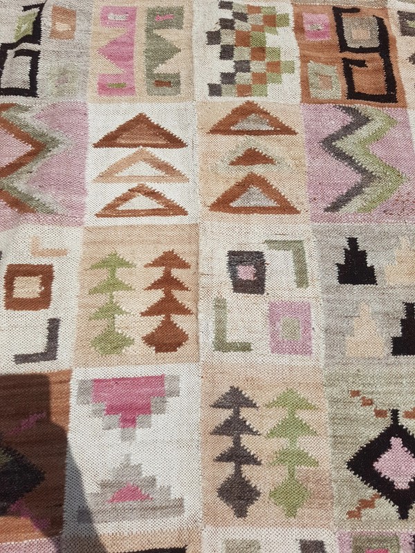 Distressed Vintage Peruvian Ayacucho Inca Calendar Hand Loom Tapestry 4.9x3.4 ft gallery
