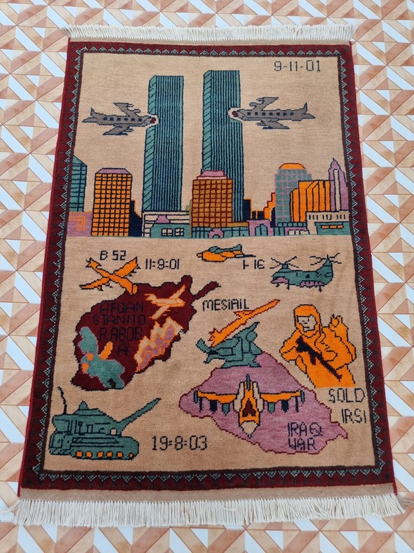 Afghan Handmade war Rug Memorial knotted Rug Carpet USA Flag 2001 Wall Hanging gallery