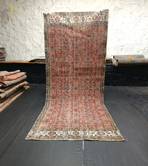 Red Turkish Vintage Bordered Carpet, 3.7x9ft, Antique Handmade Oriental Rug,