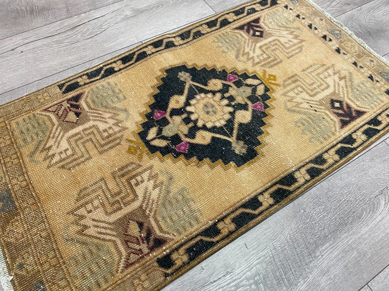 Vintage Turkish Medallion Rug Small Tan Black Navy Oriental Door Mat 1.8x3.3 ft gallery