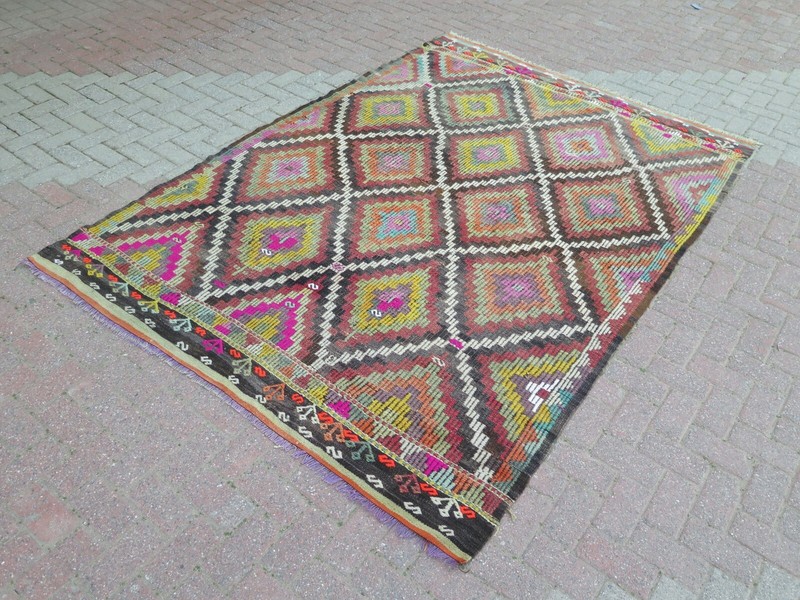 Large Bohemian Geometric Vintage Rug, Multicolor Diamonds Handwoven Rug 75"x106" gallery