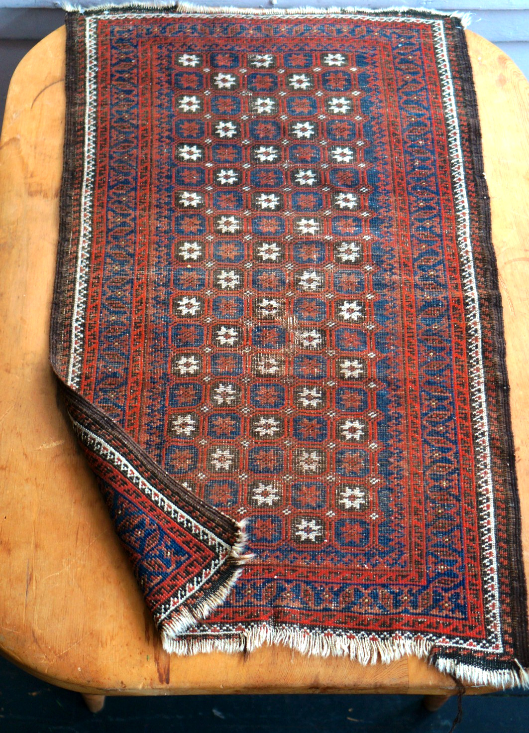 46" x 26" Afghan Balouch Hand-Knotted Tribal Rug ~ Red, Dark Blue, White, Brown gallery
