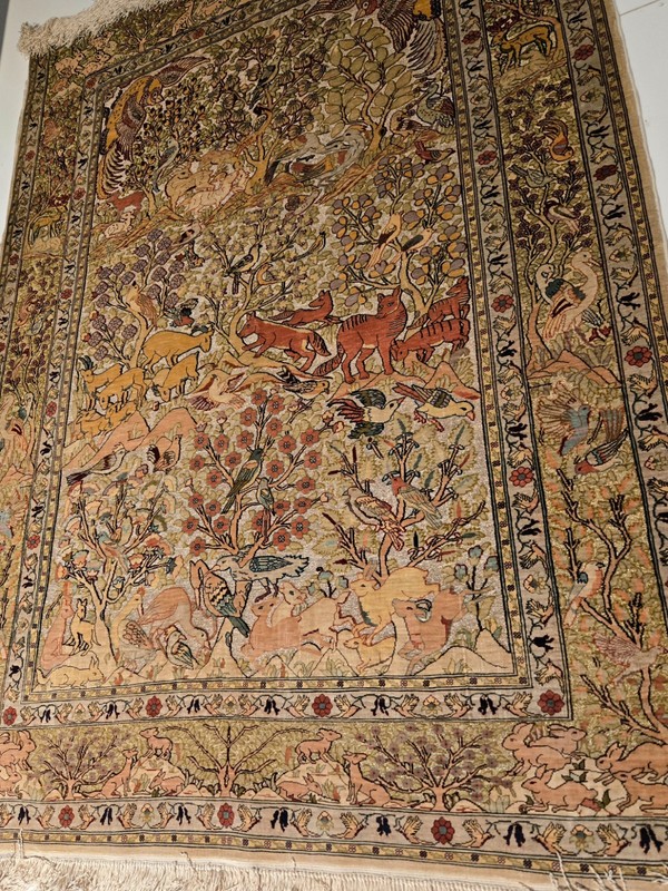 Large Antique Fine Double Knot Turkish Hereke Silk Souf Rug Metal Treads gallery