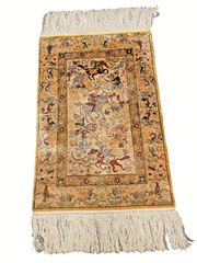 VINTAGE ALL SILK ORIENTAL RUG HUNTING SCENE SHEKARGAH ALSO USED AS WALL HANGING