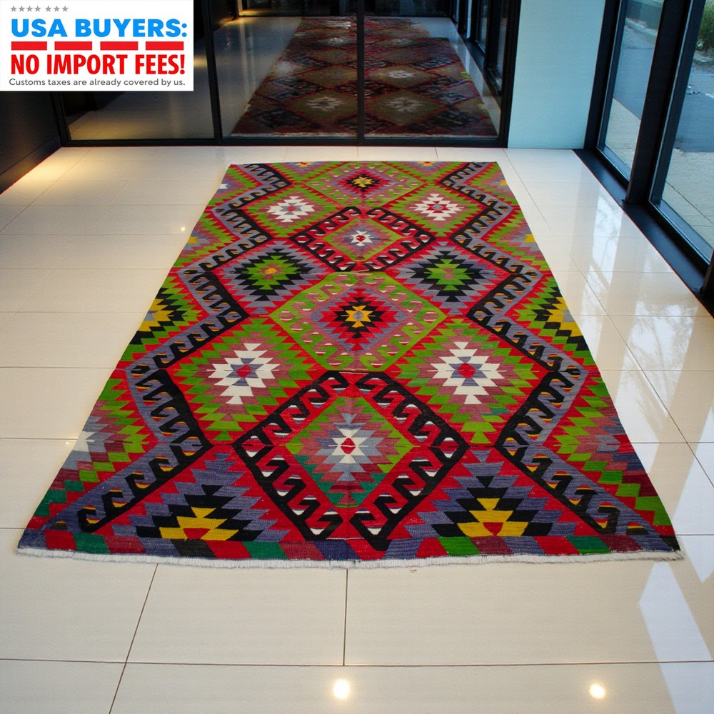 Vintage 1960s Turkish Rug Kilim 6x10 Flat Weave Area Rug Natural Wool & Dyes