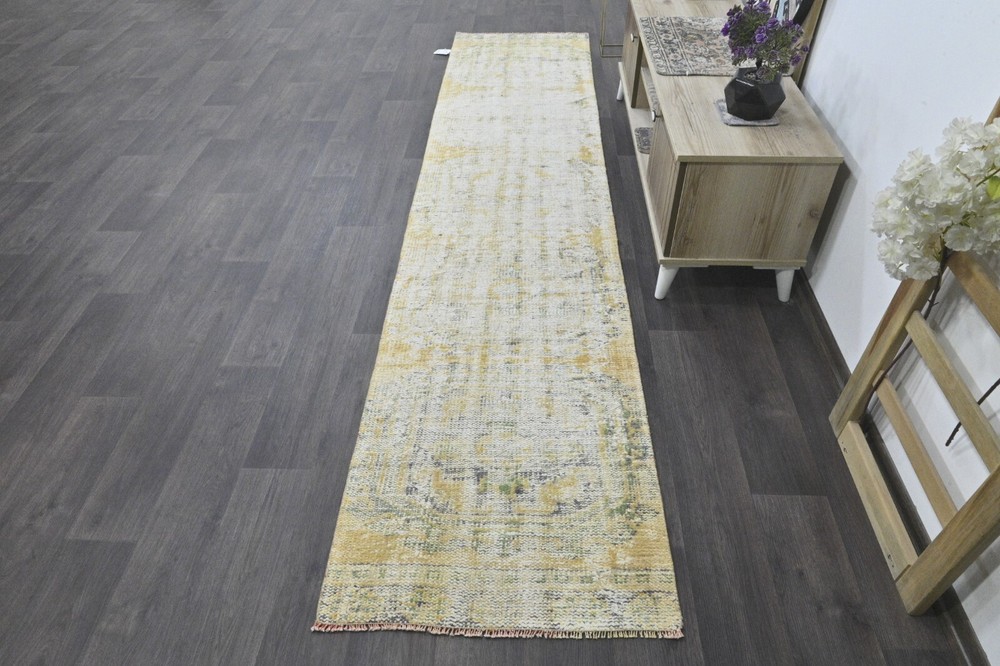 Vintage Turkish Runner Rug 2x10ft YELLOW Handmade Anatolian Oushak Hallway Wool