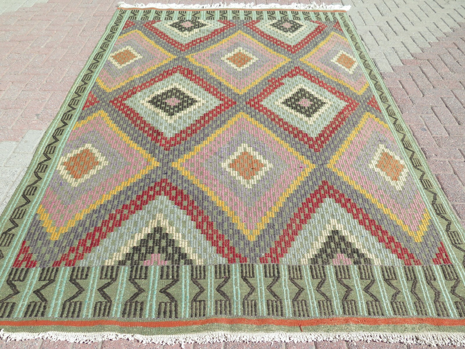 Large Rug, Turkish Kilim Rug, Pastel Green Color Kelim, Teppiche 78"X116" Carpet gallery