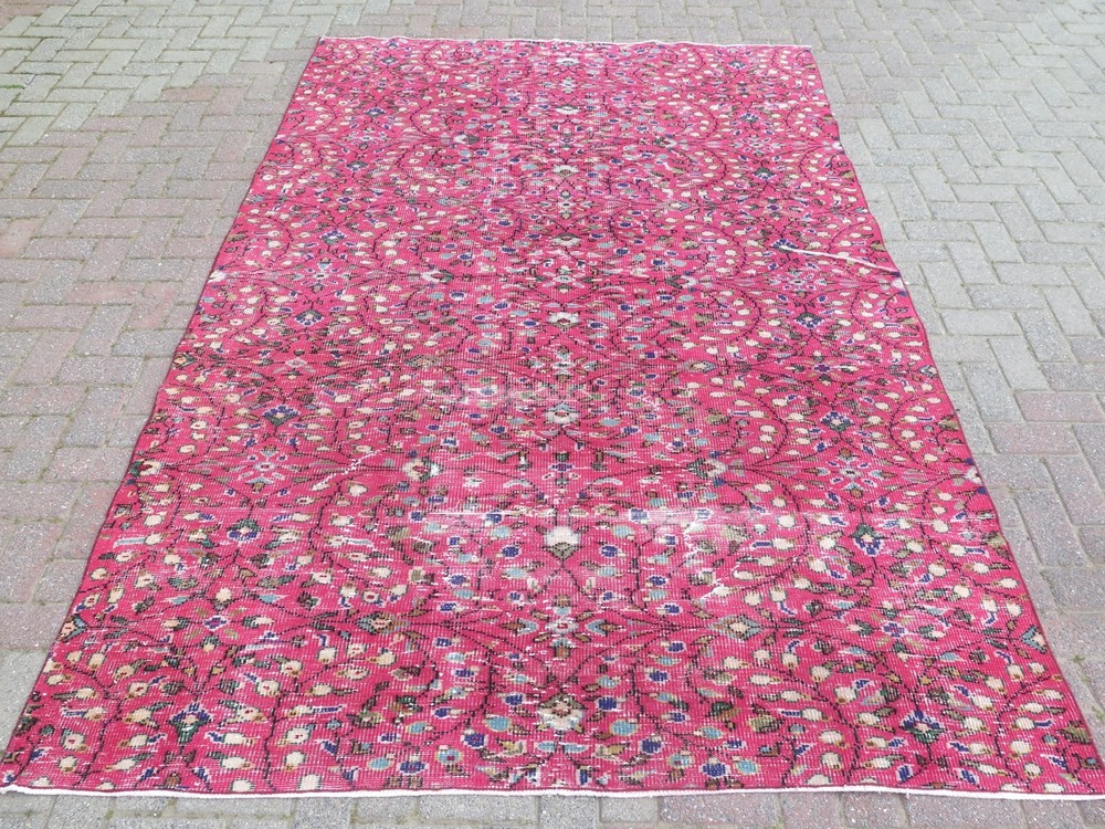 Vintage Turkish Rug, Pink Oushak Rug, Floor Carpet Handmade Wool Rugs 74"X112"