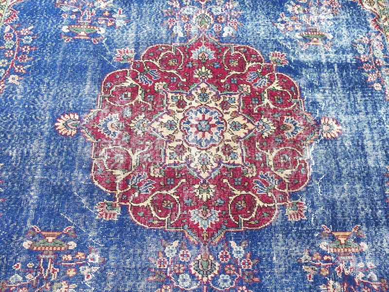 Vintage Oushak Carpet, Distressed Floor Rug Handmade Large Blue Teppich 91"X122" gallery