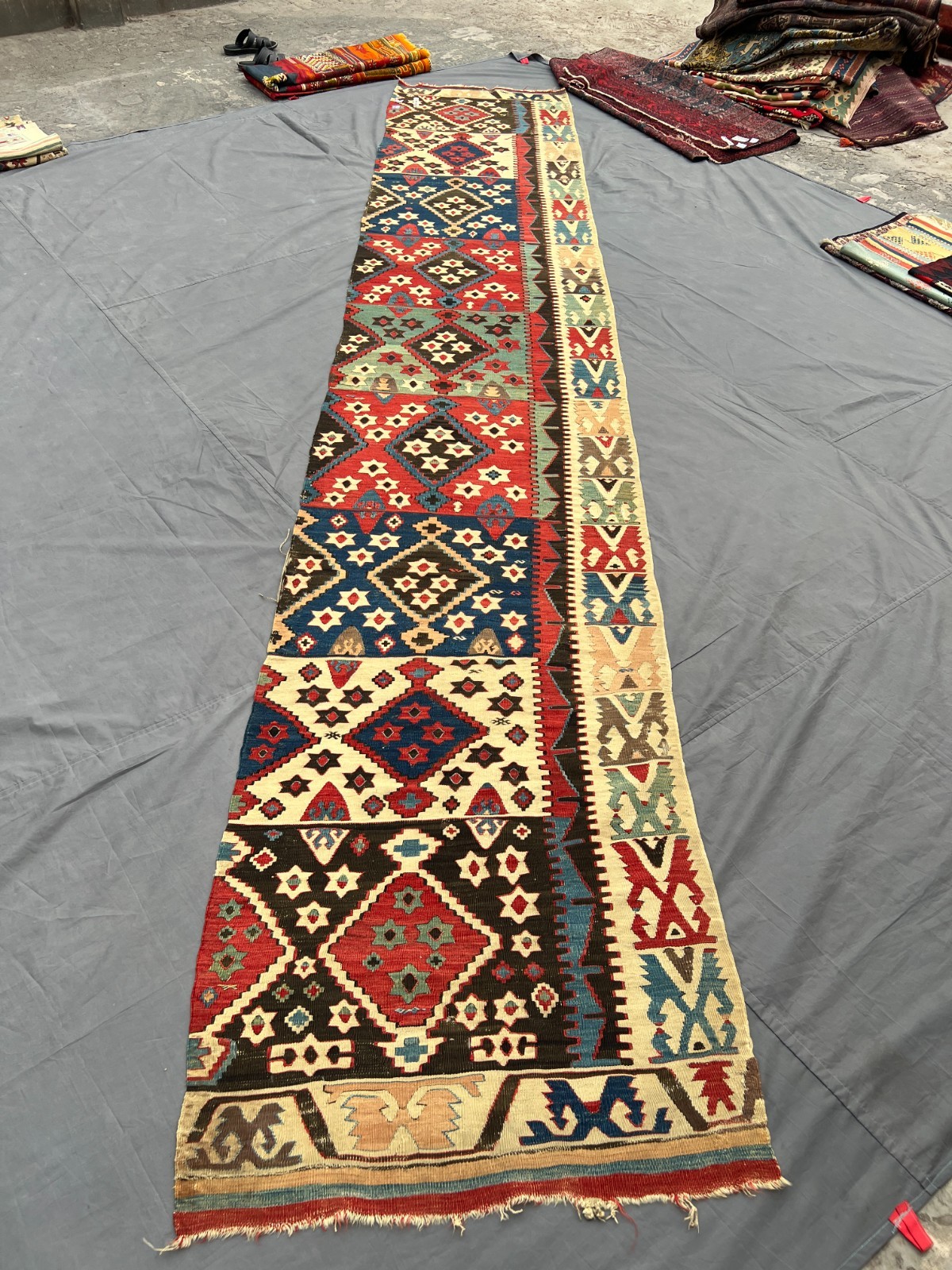 3x16 ft Vintage Anatolian Kilim Flat Weave Wool Multicolor Diamond Runner Rug gallery