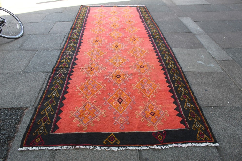 Vintage Traditional Hand Made Oriental Wool Black Orange Long Kilim 386x148cm