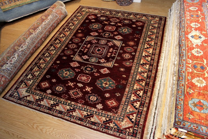 _KAZAK_RUG_HAND-MADE_7 X 9 FT. HAND-KNOTTED-100% WOOL Maroon dark red teal color gallery