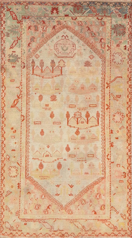 Pre-1900 Oushak Handmade Rug 4x7 Antique Geometric Vegetable Dye Ivory Carpet