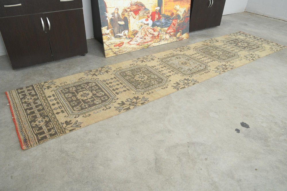 2x11 Turkish Wool Runner Rug Hand-Knotted Long Vintage Oushak Carpet Rugs,1115