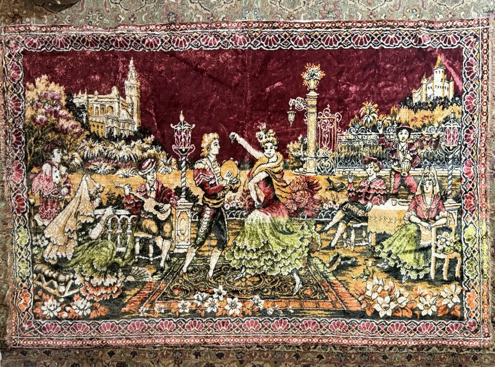 Turkish Velvet Rug 45x67'' Vintage Pictorial Pattern Wall Hanging Made in Italy