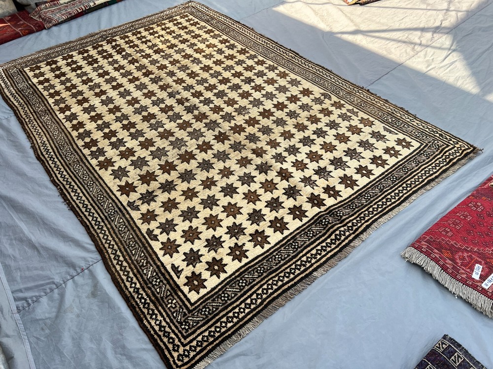 Vintage Afghan Rug 6'5x9'7 ft – Handmade Wool Tribal Star Pattern Large Area Rug