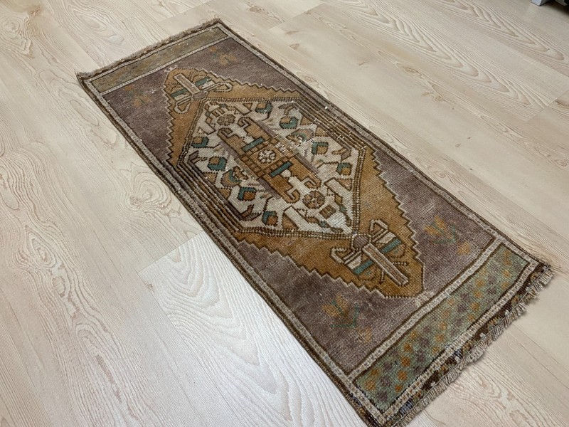 Earth Tone Diamond Medallion Carpet Vintage Turkish Small Rug 1.2x3 ft gallery