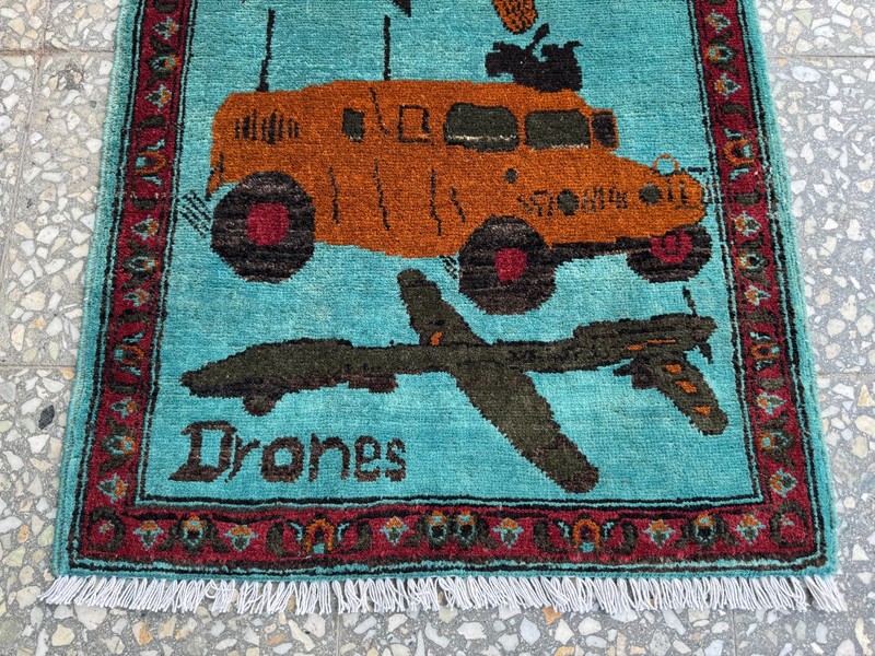 2x3 Afghan Hand Knotted War Rug Pictorial Drones Military Teal Wool Carpet New gallery