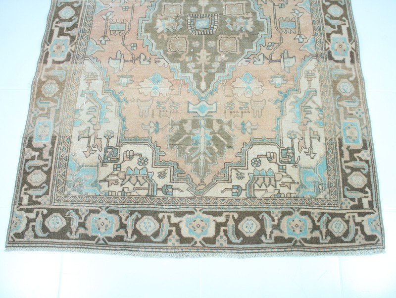 Vintage Hand Knotted Area Rug Blue Teal Brown Geometric Tribal 4x6 ft gallery