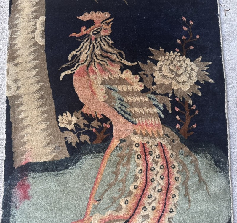 Since 1910 Antique Chinese Peking Phoenix bird Rug 2.5”X4.4”Ft Dark Blue, gallery