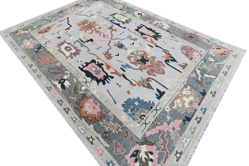 Modern Oushak-Style Rug – Light Gray Background with Rust & Navy Accents 8x10 ft gallery