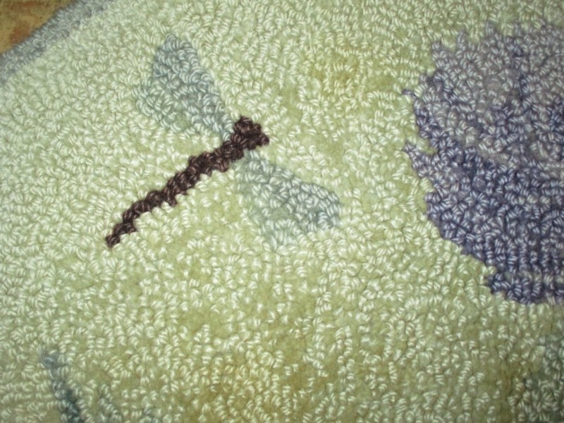 Vintage Original GEORGE WELLS HOOKED RUG Dragonfly & Thistle Signed/Tagged 25x18 gallery