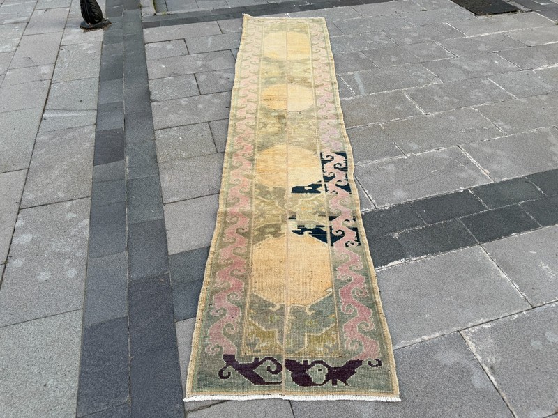 Vintage Turkish Oushak Runner Rug 2.2x10.1 Yellow Pink Hallway Kitchen Runner gallery