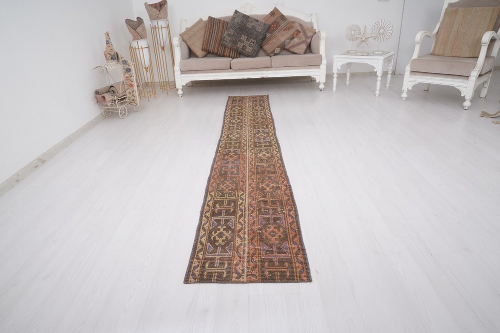 2x10 Rug, Knotted Turkish Wool Runner Rug, Neutral Vintage Oushak Rug Runner,886