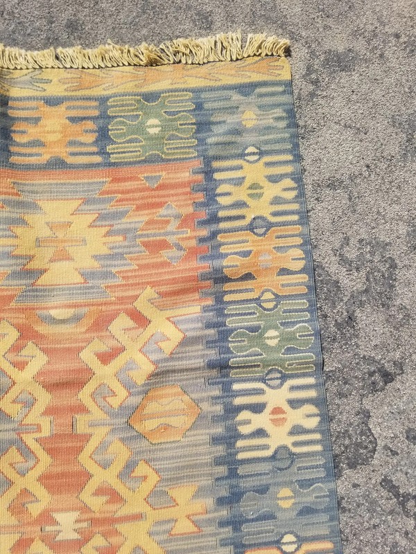 Distressed Vintage Traditional Handmade Turkish Wool Blue Kilim 5.9x2.2ft gallery