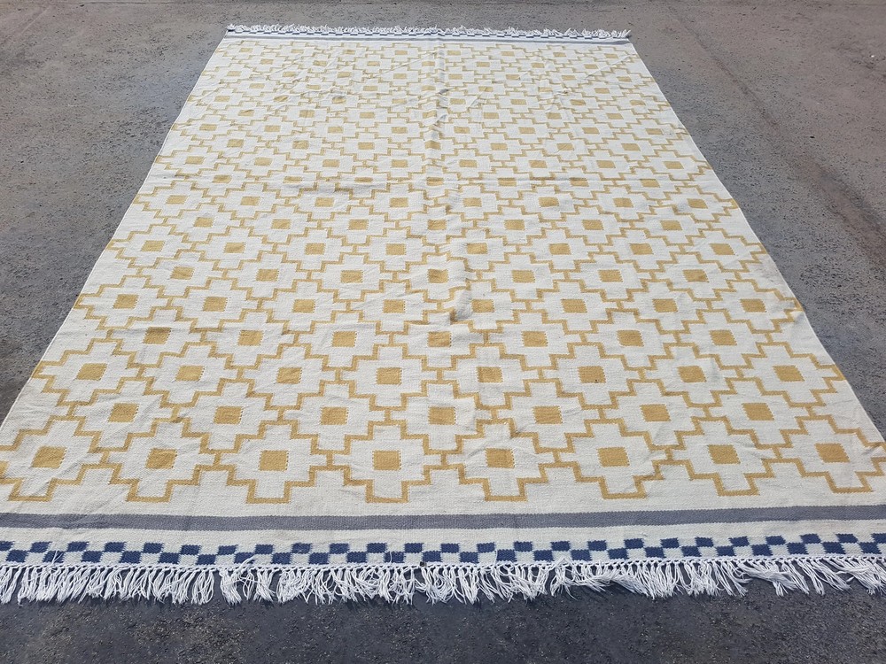 Vintage Handmade Traditional Geometric Yellow Kilim Floor Rug Carpet 236x164cm