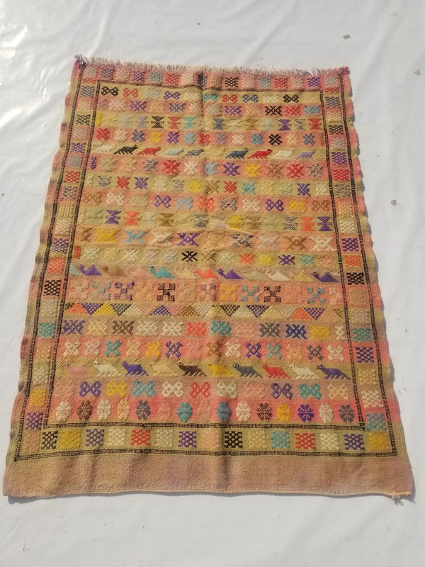 Distressed Vintage Traditional Handmade Moroccan Wool Beige Kilim 4.7x3.4ft gallery